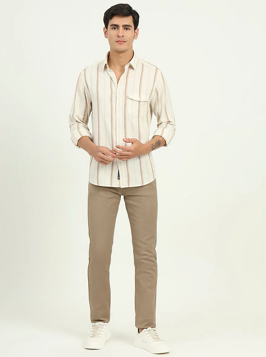 Beige Striped Slim Fit Casual Shirt | Greenfibre
