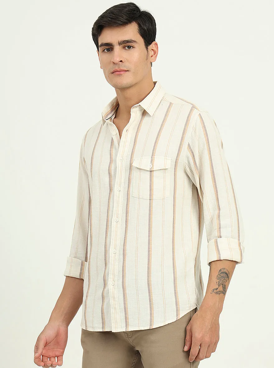 Beige Striped Slim Fit Casual Shirt | Greenfibre