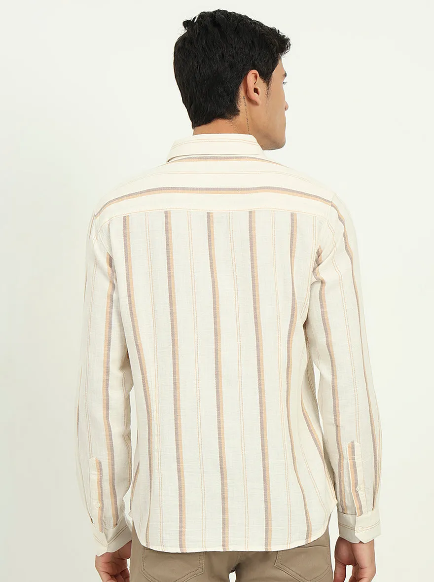 Beige Striped Slim Fit Casual Shirt | Greenfibre