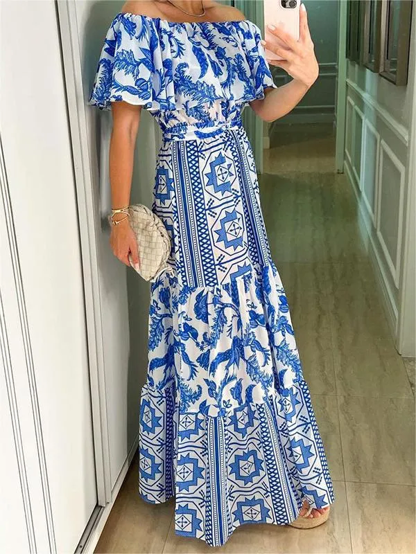 BerryBetty - Geometric Ruffle Print Off Shoulder Long Maxi Dress