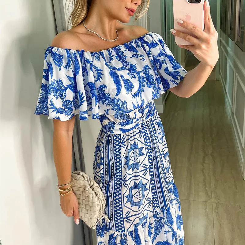 BerryBetty - Geometric Ruffle Print Off Shoulder Long Maxi Dress