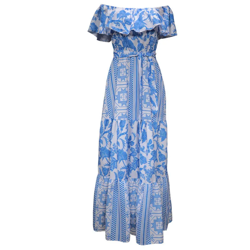 BerryBetty - Geometric Ruffle Print Off Shoulder Long Maxi Dress