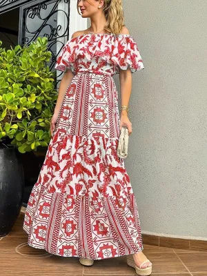 BerryBetty - Geometric Ruffle Print Off Shoulder Long Maxi Dress