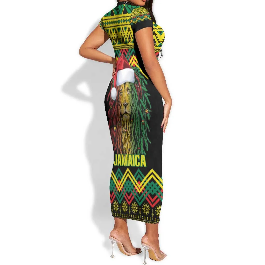 Black Jamaican Christmas Short Sleeve Bodycon Dress Reggae Lion With Kente Pattern LT18