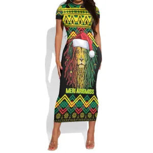 Black Jamaican Christmas Short Sleeve Bodycon Dress Reggae Lion With Kente Pattern LT18