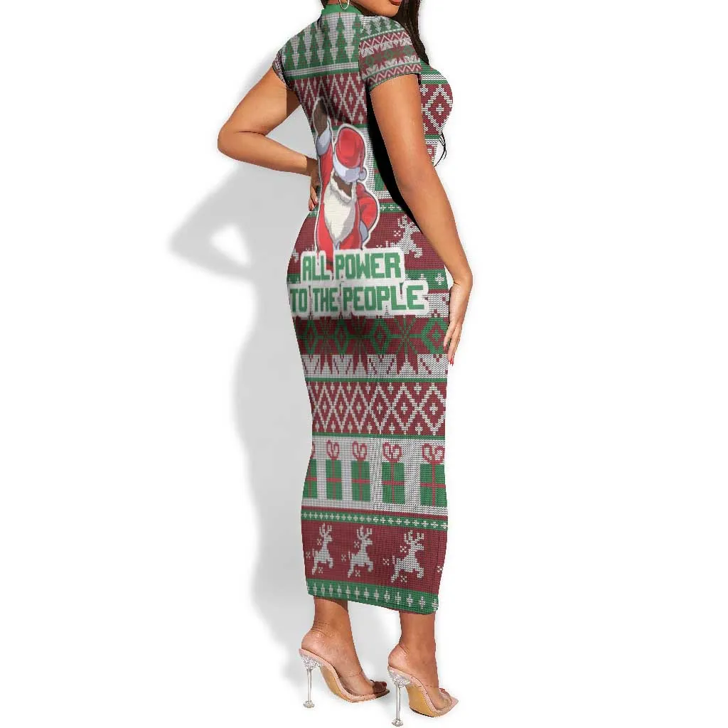 Black Santa Fist Christmas Africa Short Sleeve Bodycon Dress All Power to the People DT03