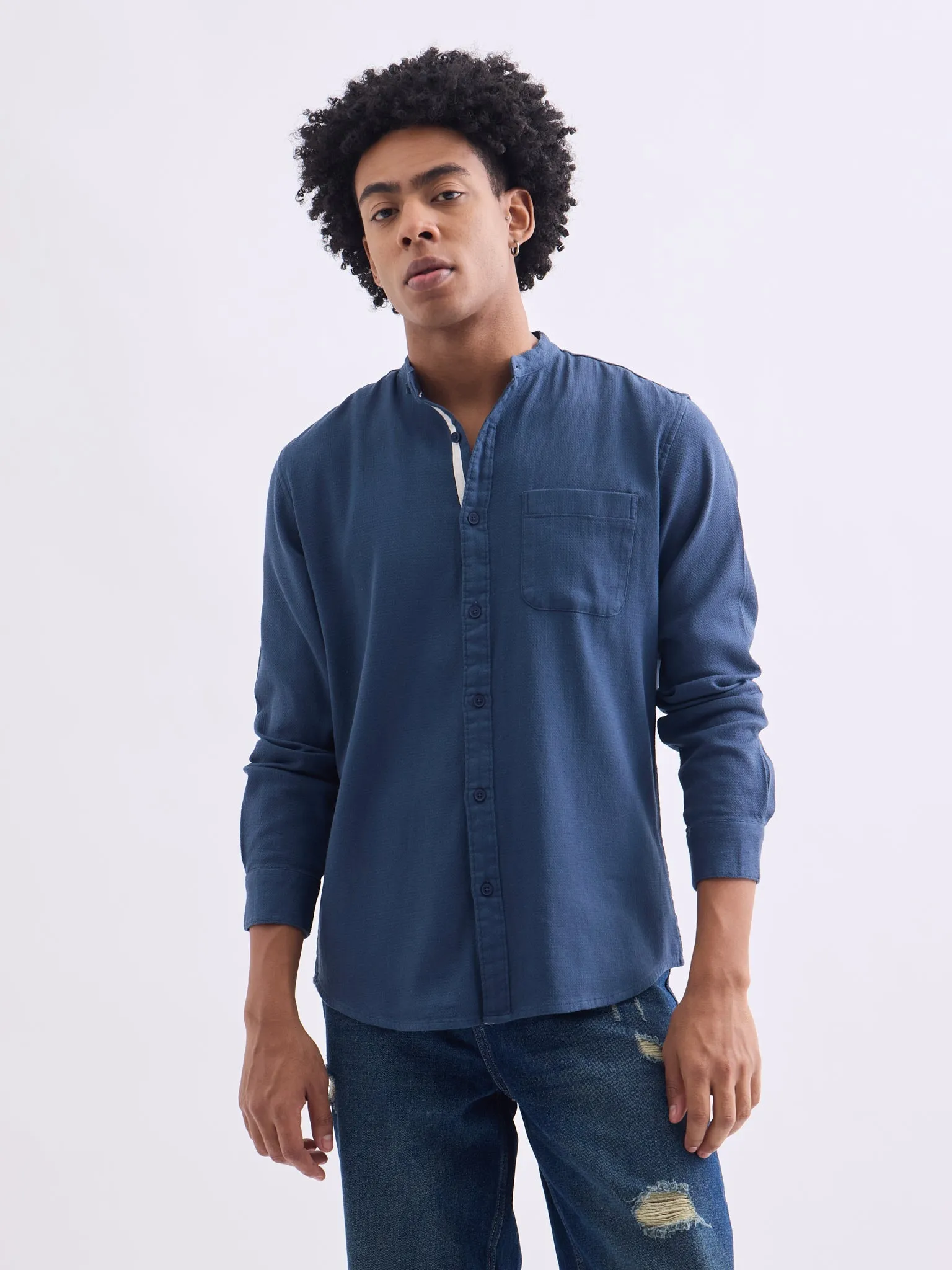 Blue Chinese Collar Slim Fit Shirt