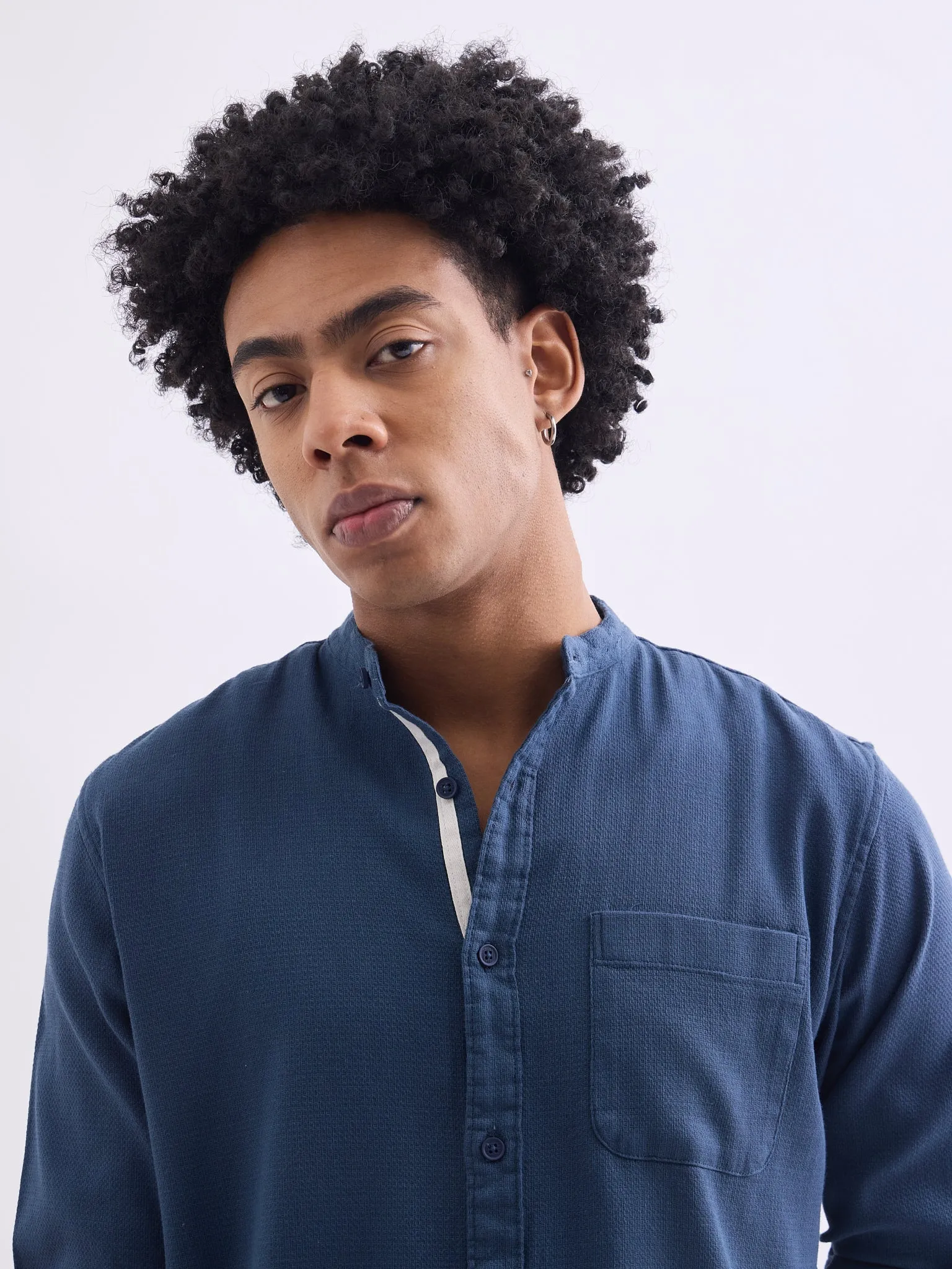 Blue Chinese Collar Slim Fit Shirt