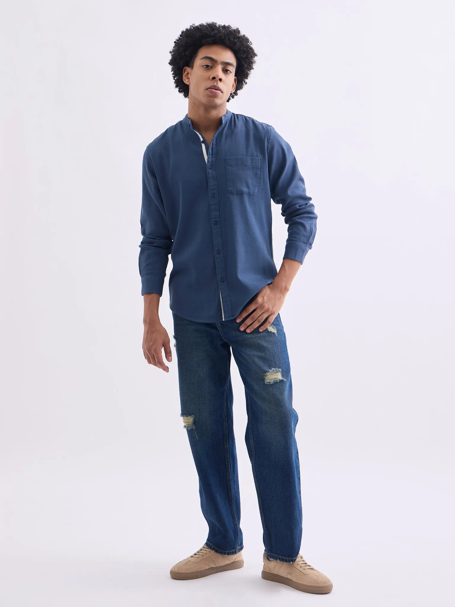 Blue Chinese Collar Slim Fit Shirt