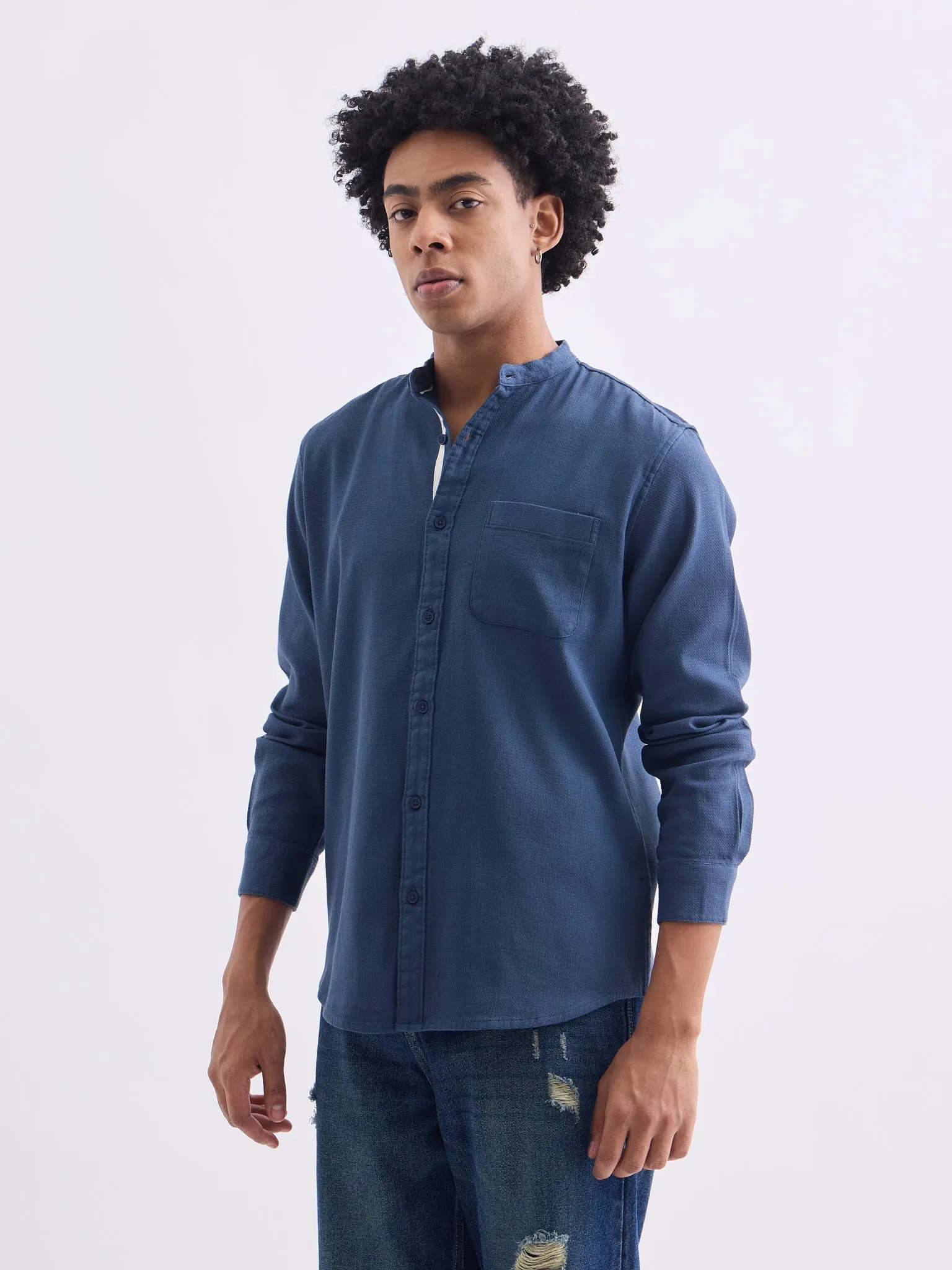 Blue Chinese Collar Slim Fit Shirt