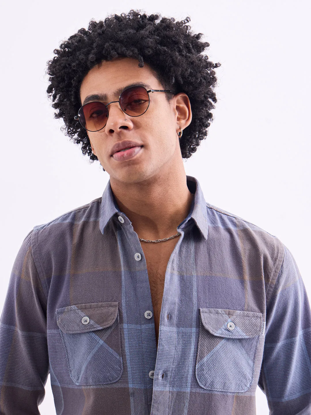 Blue Double Pocket Checks Shirt