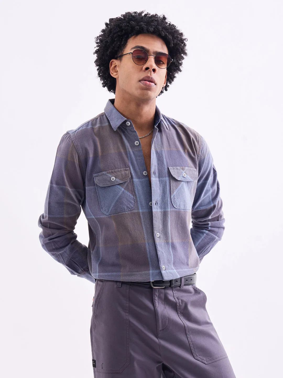 Blue Double Pocket Checks Shirt