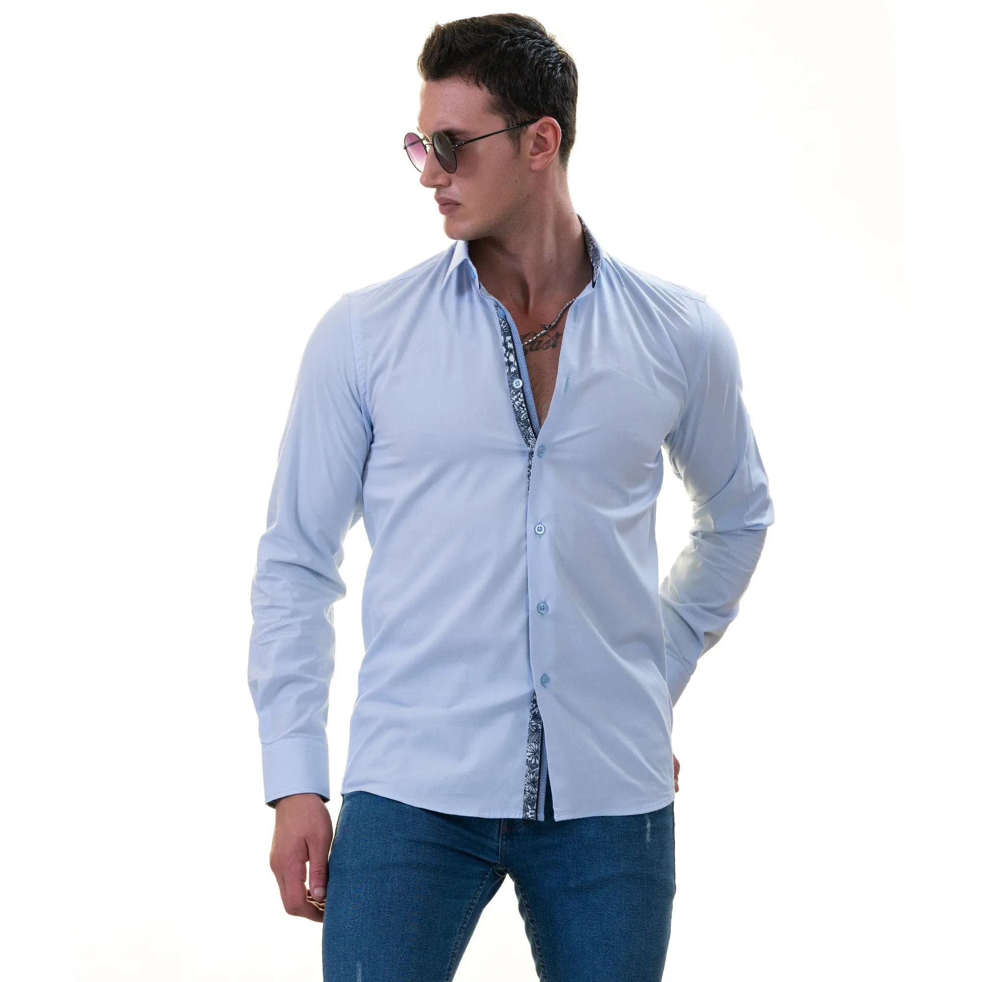 Blue with inside Slim Fit Designer Dress Shirt - tailored Cotton Shirts for Work