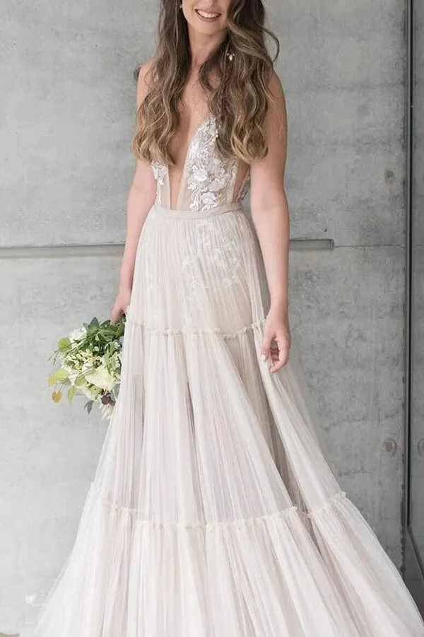 Bohemain Tulle Wedding Dress, A-line V-neck Appliqued Bridal Gown, MW635
