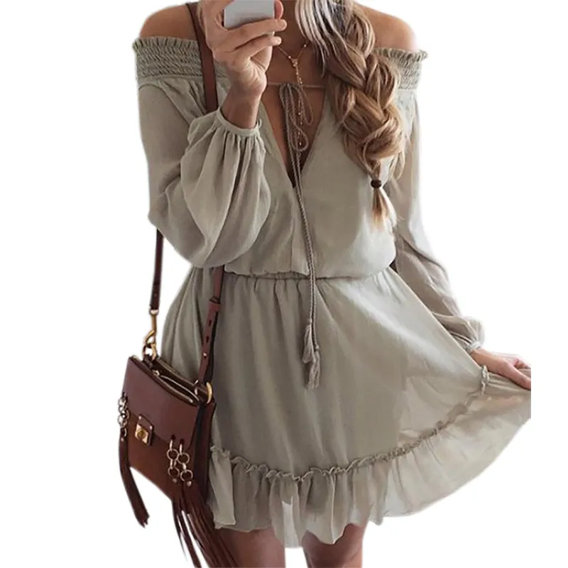 Boho Chiffon Dresses Slash Neck Multiple Colors