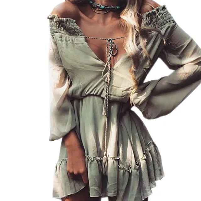 Boho Chiffon Dresses Slash Neck Multiple Colors