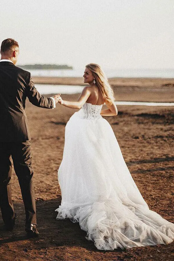 Boho Lace Bodice Sweetheart Wedding Dresses, Rustic Bridal Gown, MW548