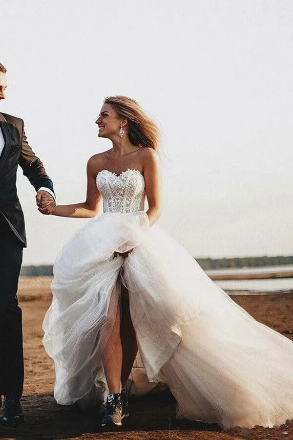 Boho Lace Bodice Sweetheart Wedding Dresses, Rustic Bridal Gown, MW548