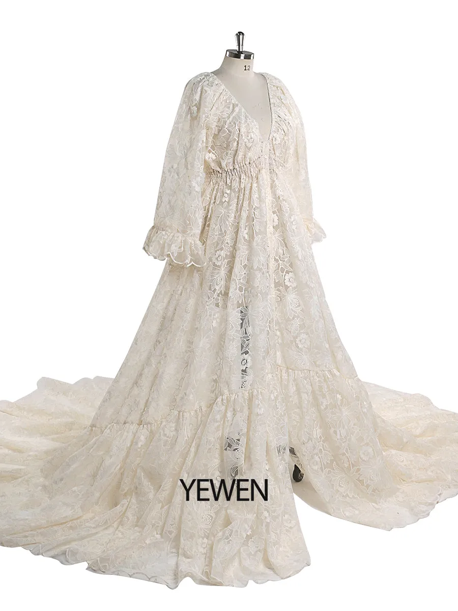 Boho Lace Dress Elegant V Neck Woman Maxi Dress Maternity Dress for Photoshoot Fancy Photography Props YEWEN YW220913