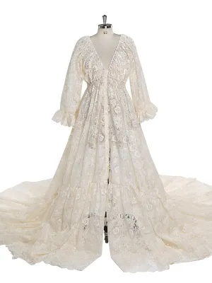 Boho Lace Dress Elegant V Neck Woman Maxi Dress Maternity Dress for Photoshoot Fancy Photography Props YEWEN YW220913