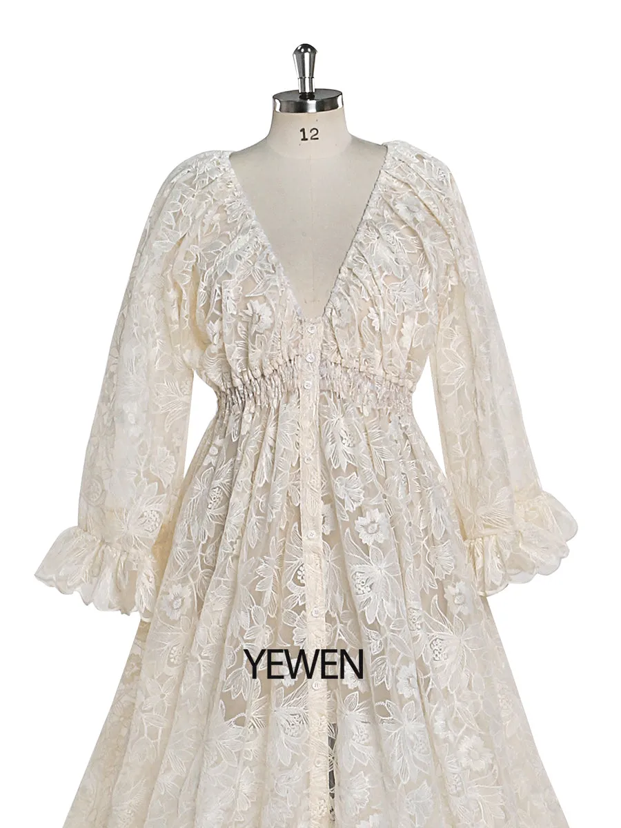 Boho Lace Dress Elegant V Neck Woman Maxi Dress Maternity Dress for Photoshoot Fancy Photography Props YEWEN YW220913