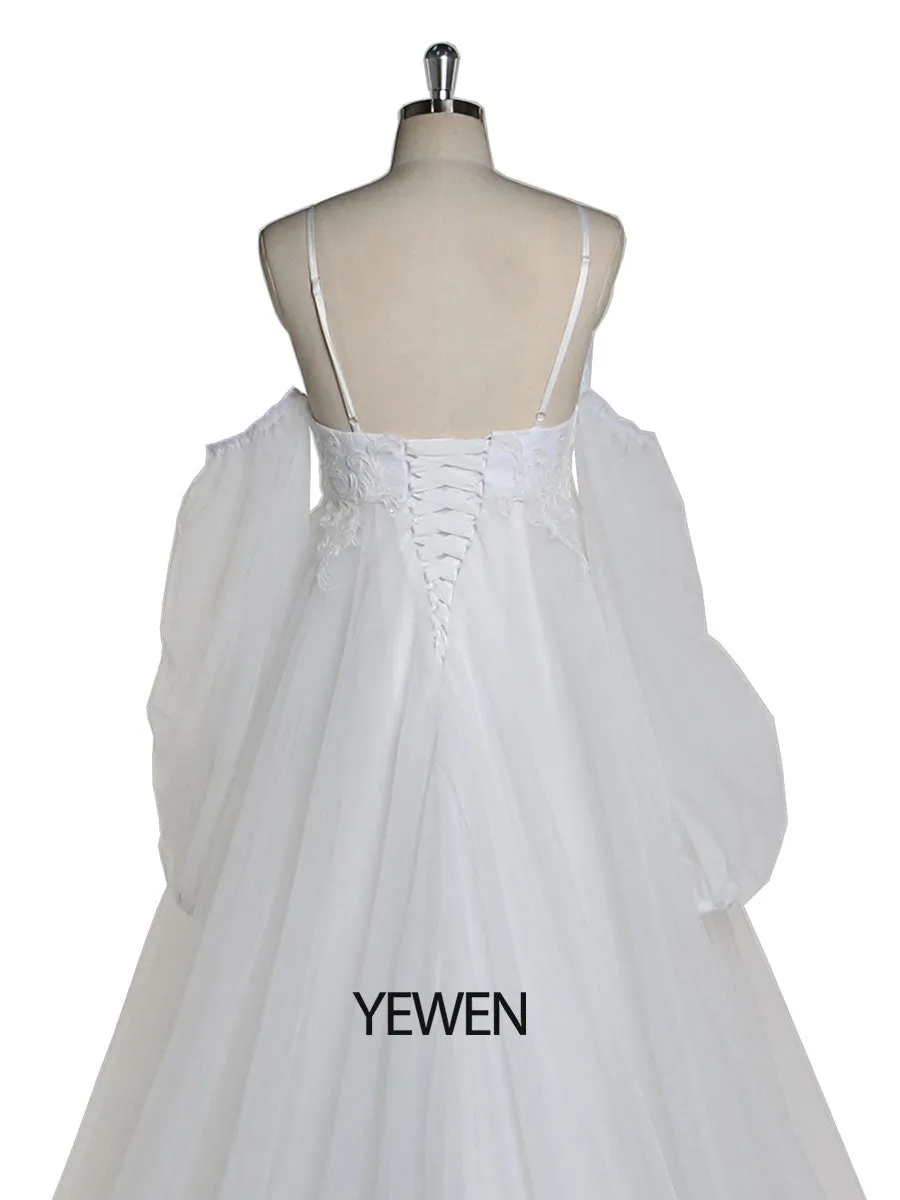Boho Style V-Neck Tulle Maternity Wedding Dress Lace Bridal Dress with Long Train YEWEN