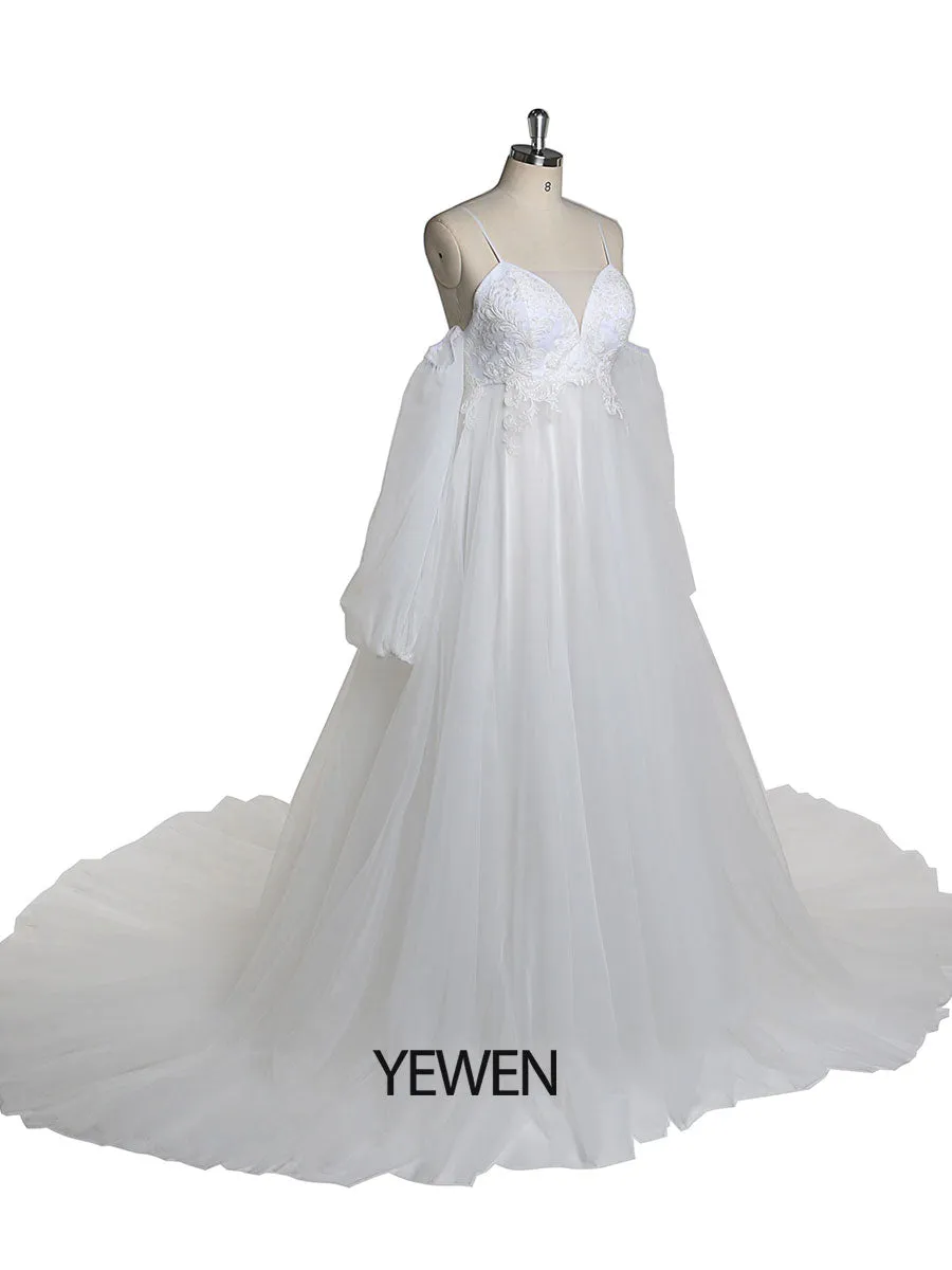 Boho Style V-Neck Tulle Maternity Wedding Dress Lace Bridal Dress with Long Train YEWEN