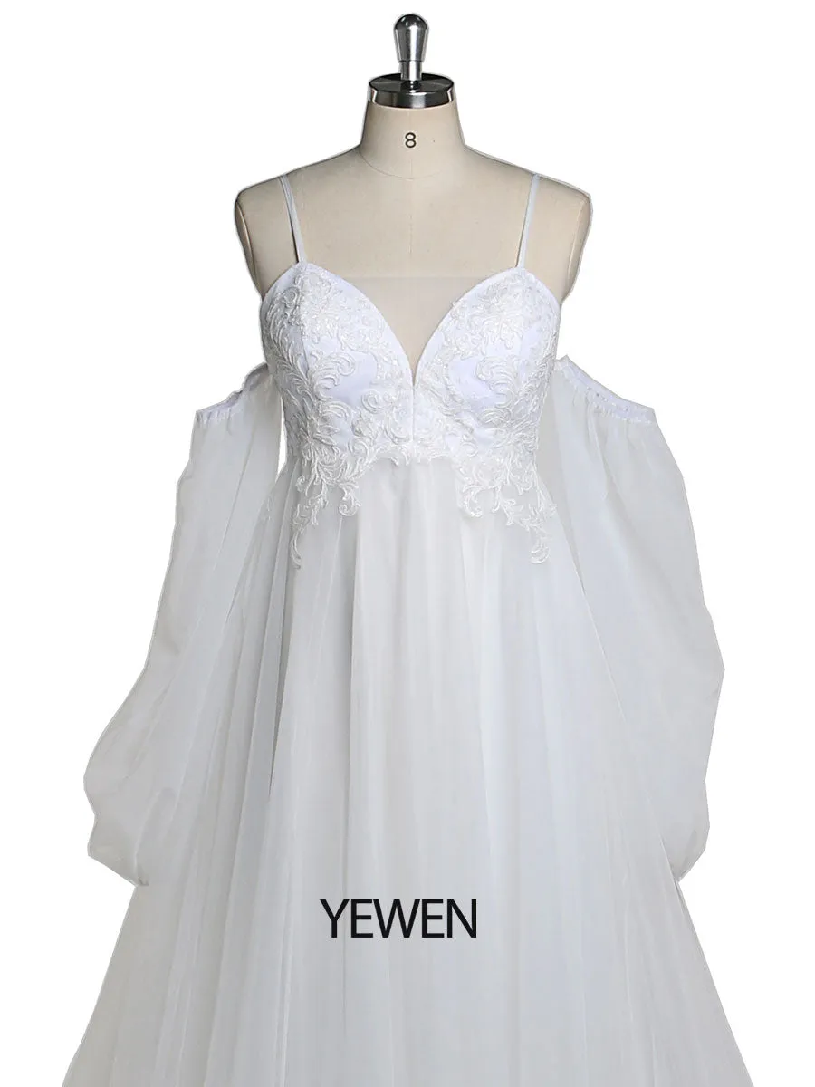 Boho Style V-Neck Tulle Maternity Wedding Dress Lace Bridal Dress with Long Train YEWEN