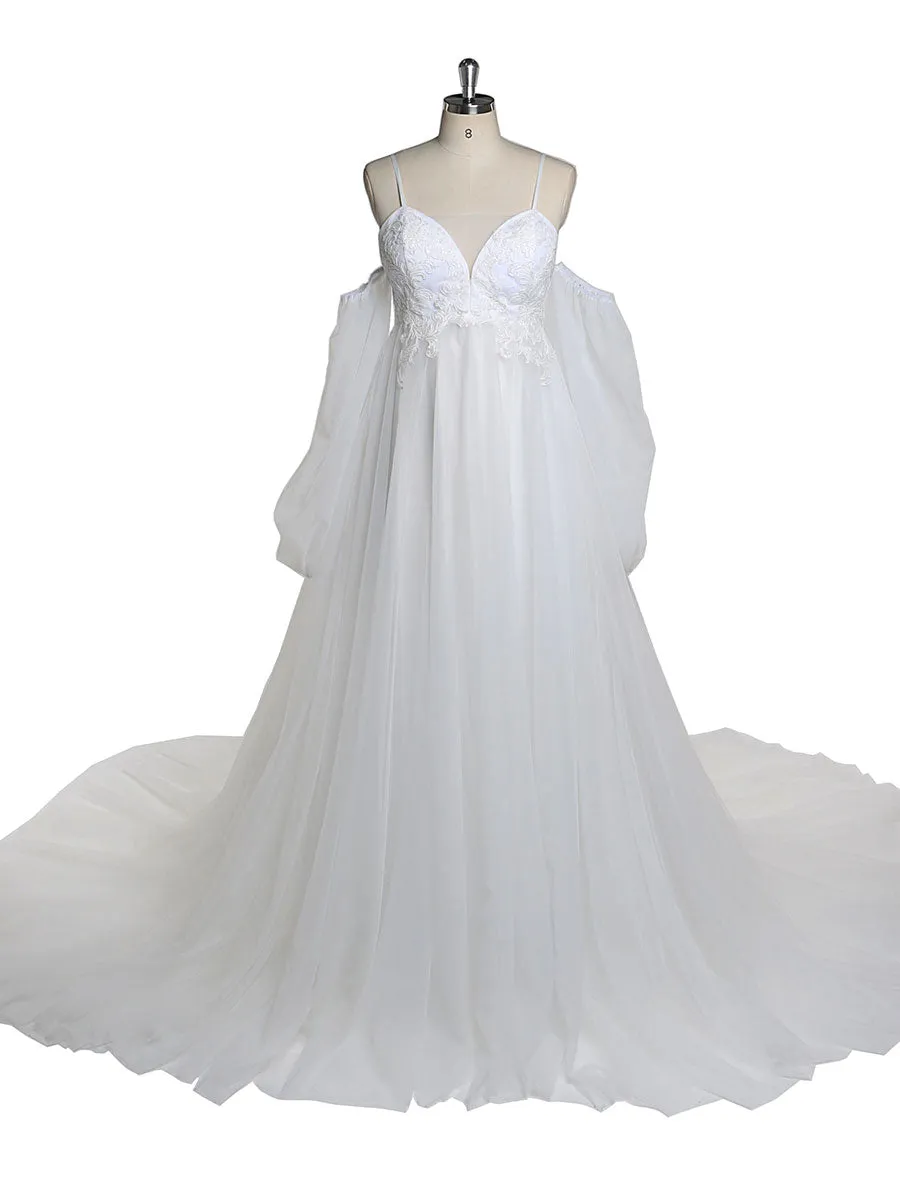Boho Style V-Neck Tulle Maternity Wedding Dress Lace Bridal Dress with Long Train YEWEN