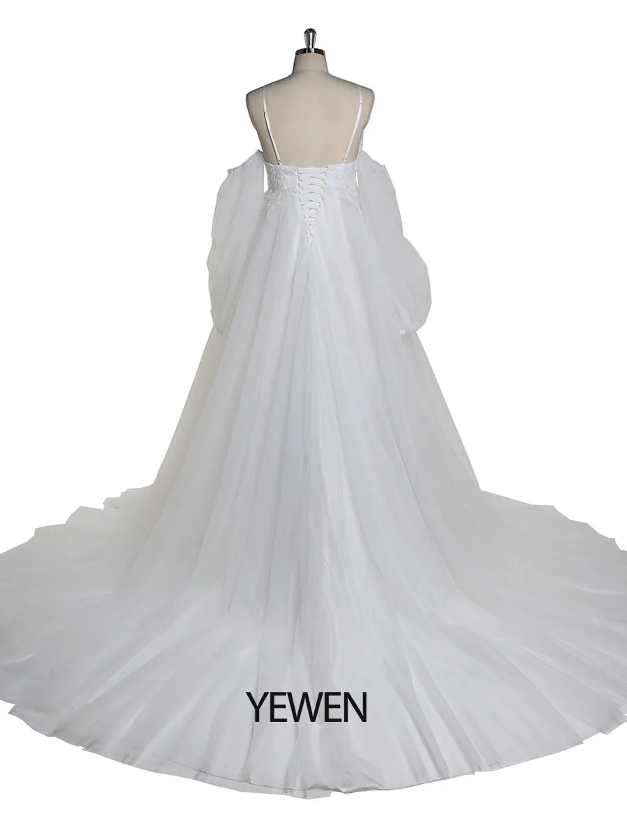 Boho Style V-Neck Tulle Maternity Wedding Dress Lace Bridal Dress with Long Train YEWEN
