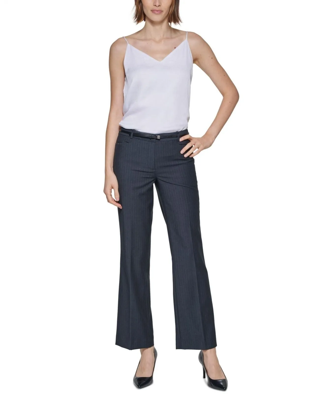 Calvin Klein Womens Petite Pinstripe Belted Pants SPPS036B