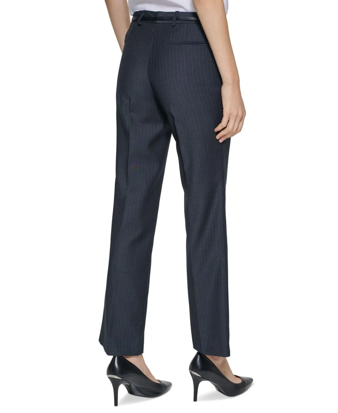 Calvin Klein Womens Petite Pinstripe Belted Pants SPPS036B