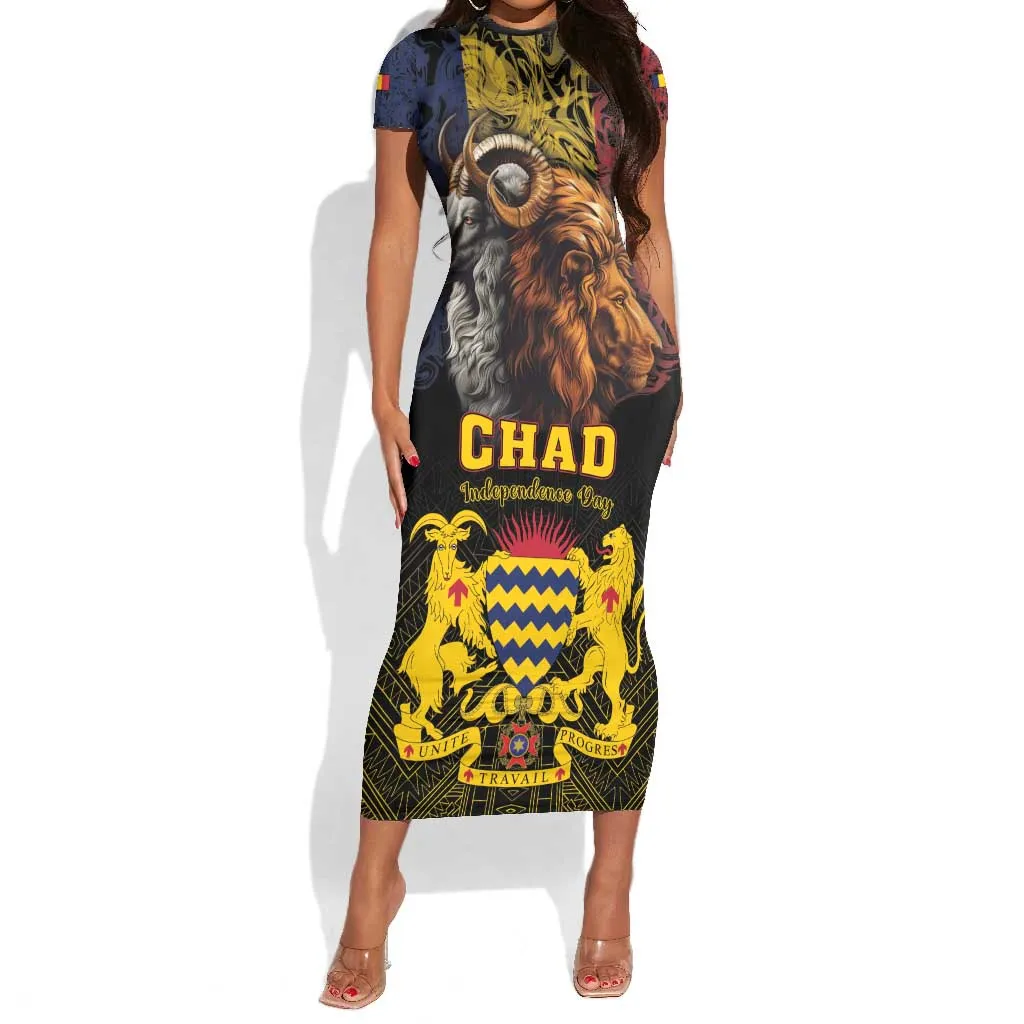 Chad Independence Day 1960 Short Sleeve Bodycon Dress Tchad Goat and Lion African Pattern LT01