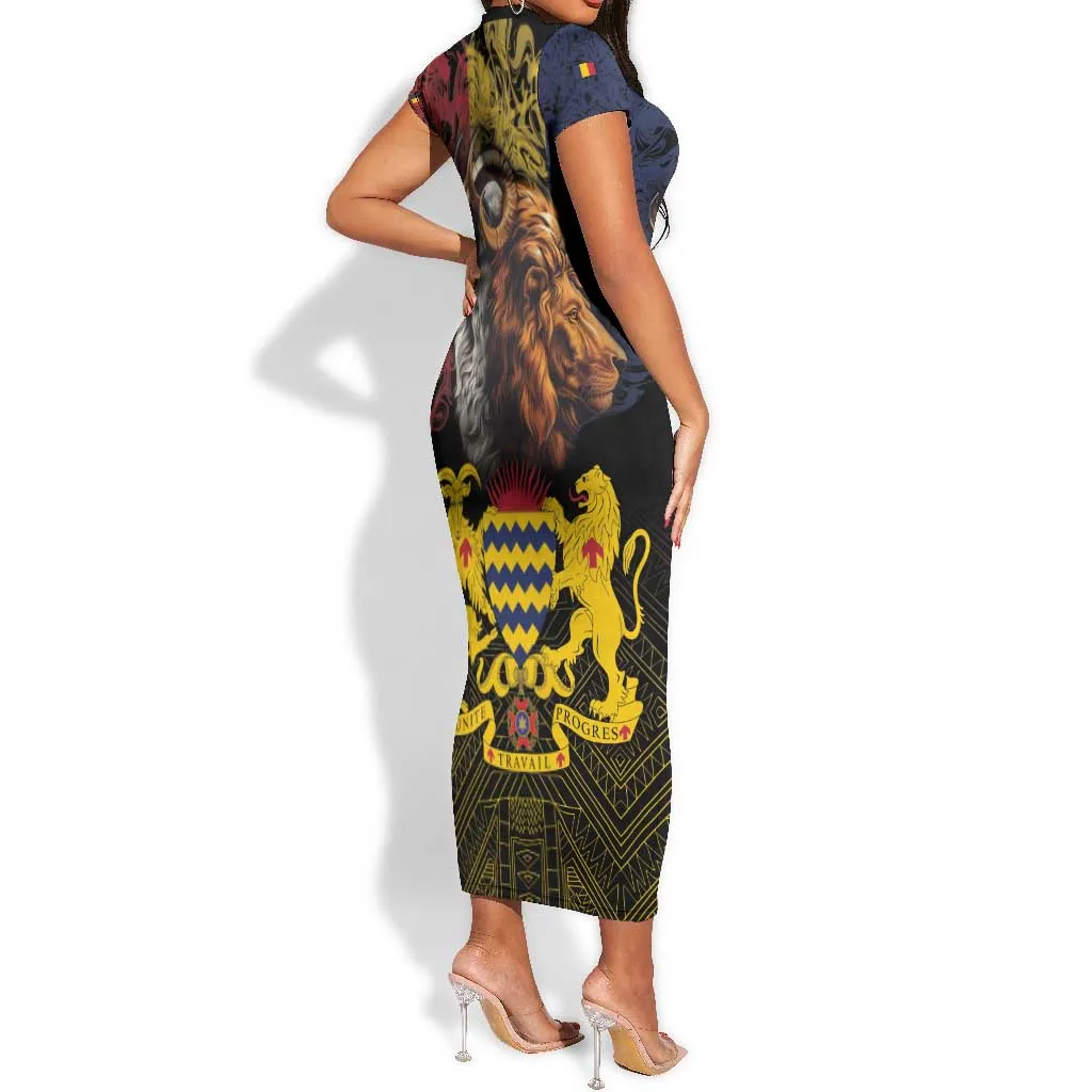 Chad Independence Day 1960 Short Sleeve Bodycon Dress Tchad Goat and Lion African Pattern LT01
