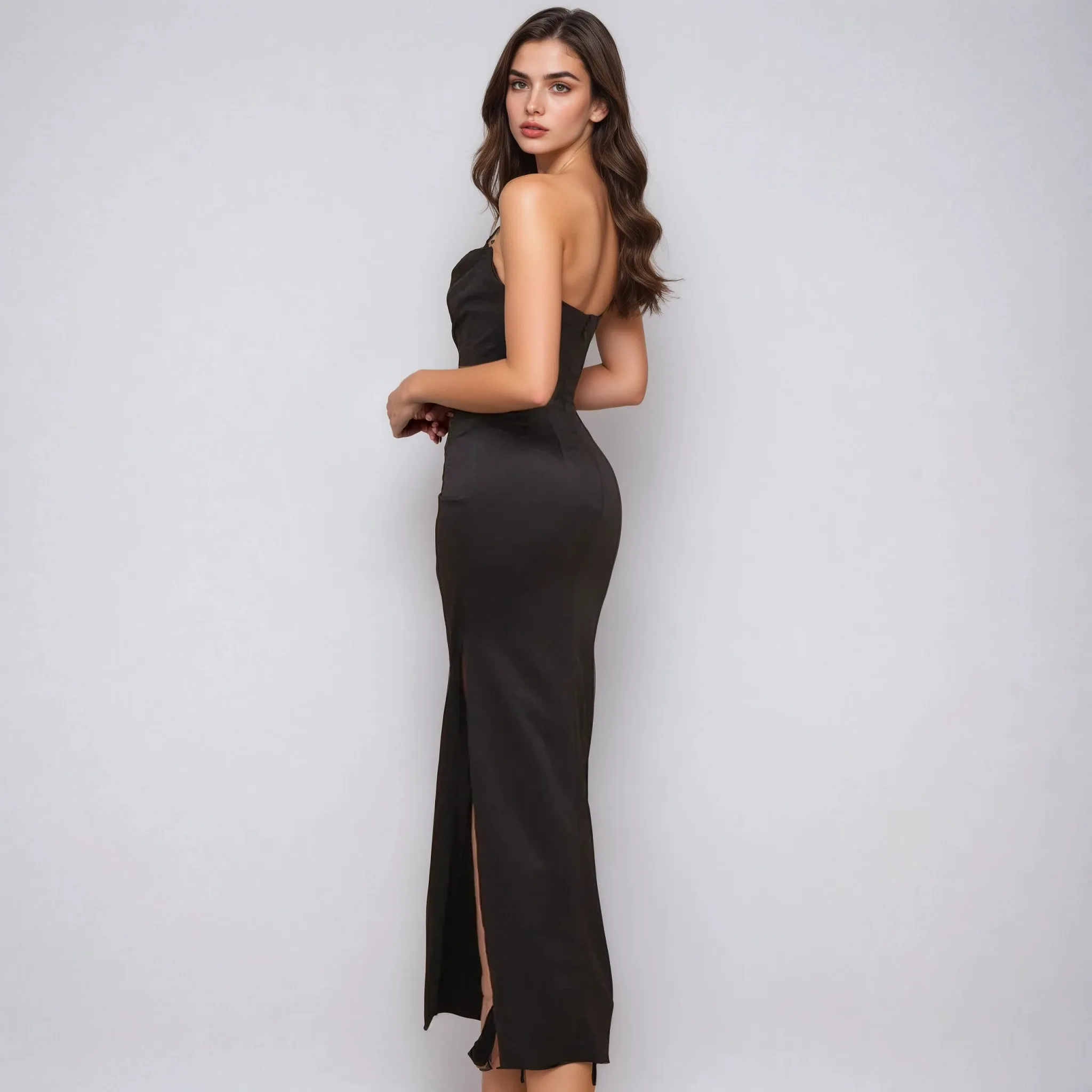 Chic Black Silky Satin Strapless Maxi Dress with High Slit and Elegant Ruched Detailing