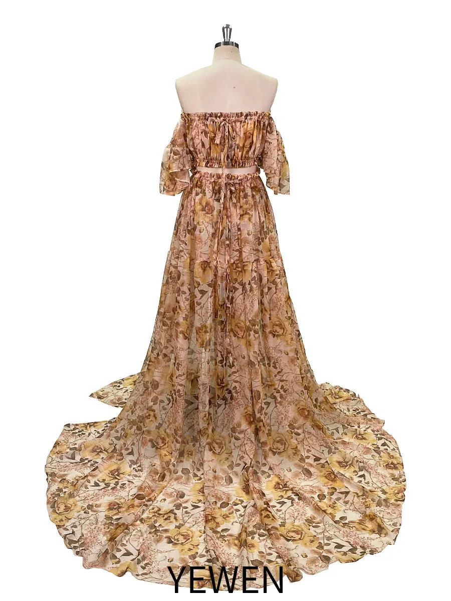 Chiffon Print 2 Pieces Set Dress for Photo Shoot Woman Maxi Dress YW230317