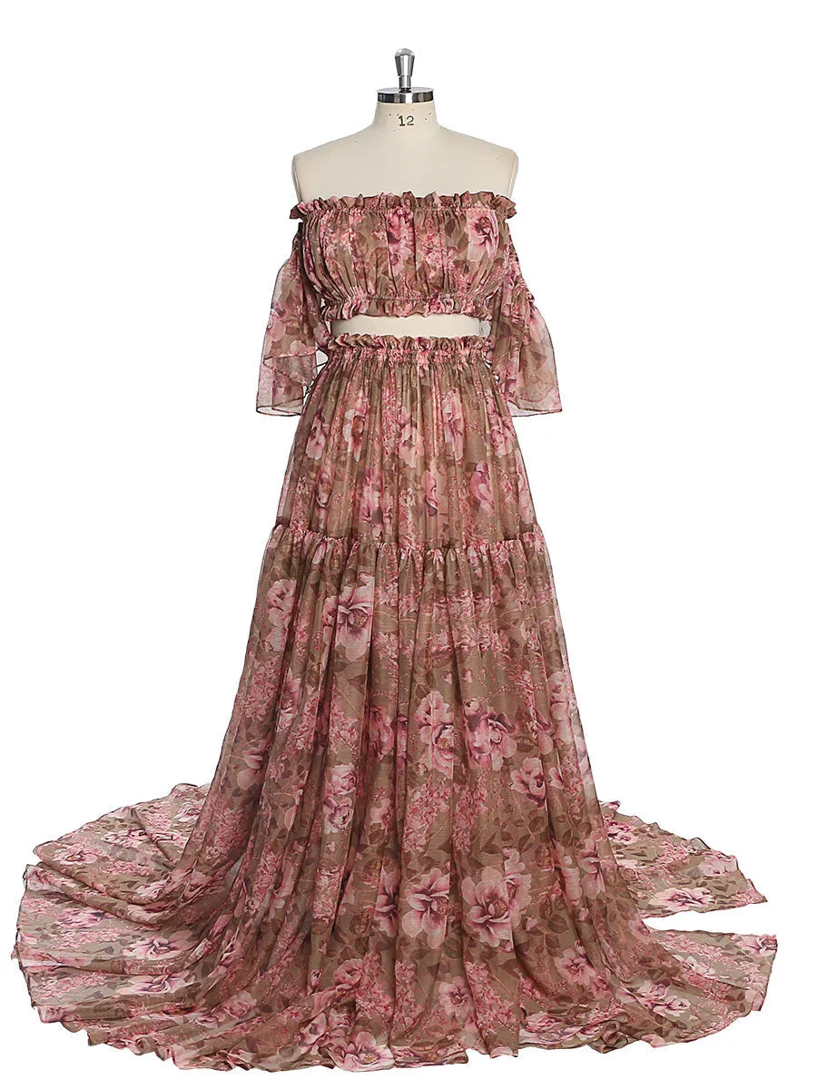 Chiffon Print 2 Pieces Set Dress for Photo Shoot Woman Maxi Dress YW230317