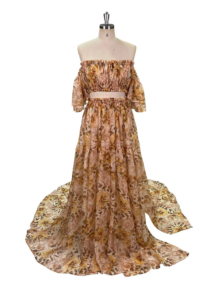 Chiffon Print 2 Pieces Set Dress for Photo Shoot Woman Maxi Dress YW230317