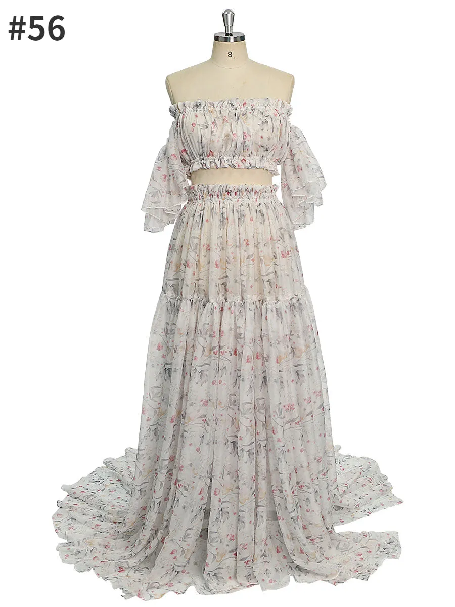 Chiffon Print 2 Pieces Set Dress for Photo Shoot Woman Maxi Dress YW230317