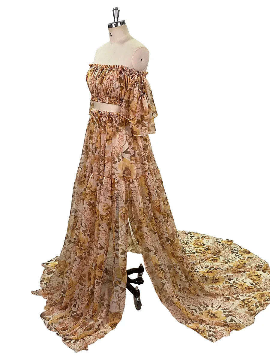 Chiffon Print 2 Pieces Set Dress for Photo Shoot Woman Maxi Dress YW230317