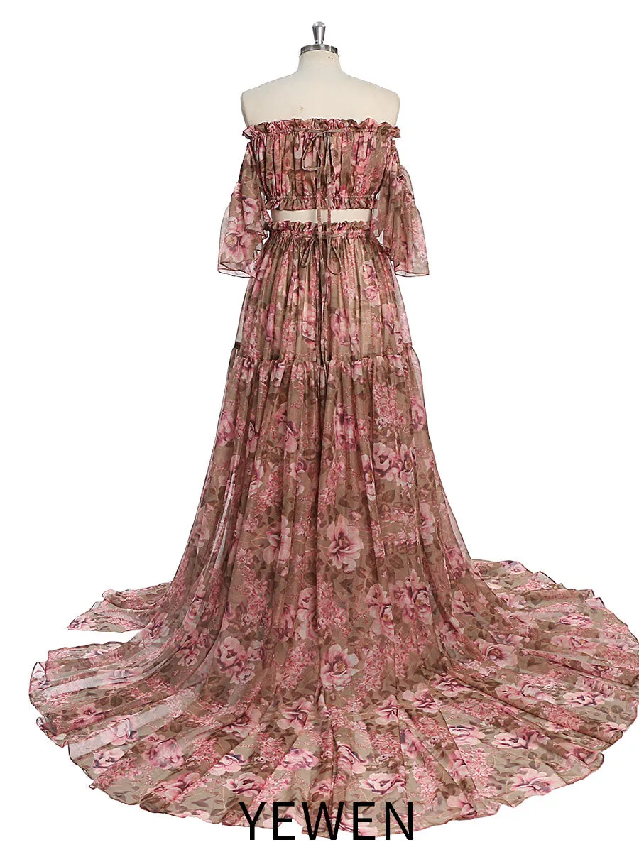 Chiffon Print 2 Pieces Set Dress for Photo Shoot Woman Maxi Dress YW230317