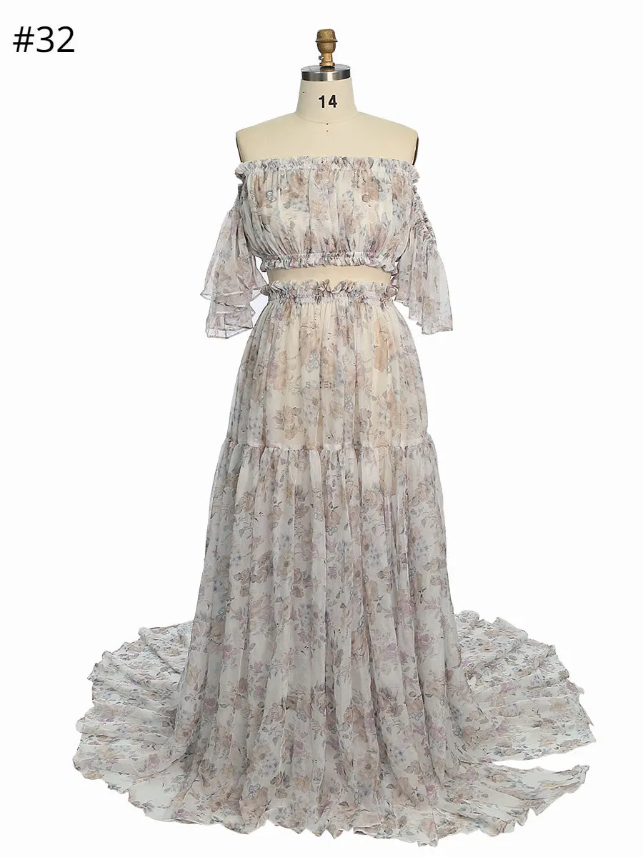 Chiffon Print 2 Pieces Set Dress for Photo Shoot Woman Maxi Dress YW230317