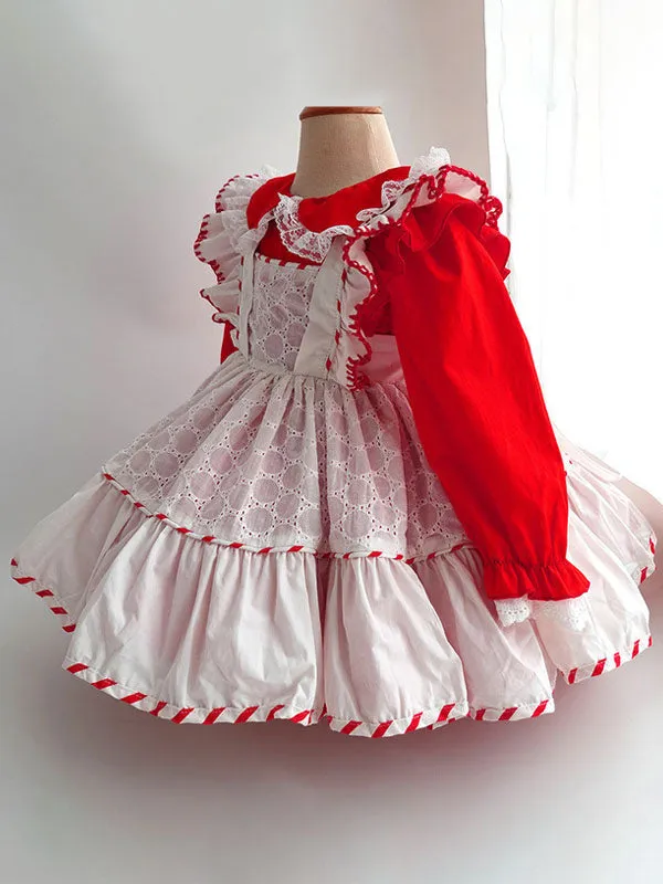 Children's Sweet Lolita Dress Red Polyester Long Sleeve Kids One Piece Dress