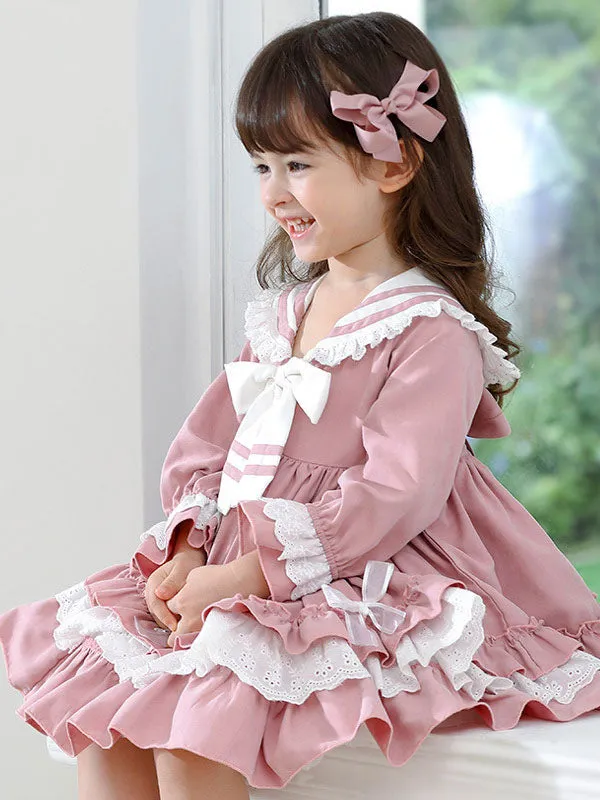 Children's Sweet Lolita Pink Ruffles Polyester Sailor Collar Long Sleeve Kids One Piece Dress