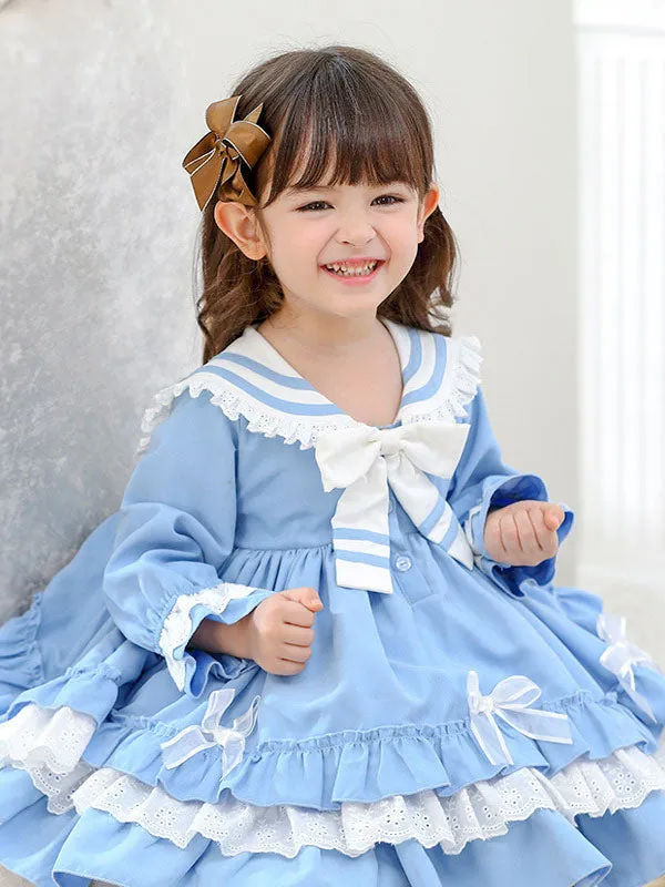 Children's Sweet Lolita Pink Ruffles Polyester Sailor Collar Long Sleeve Kids One Piece Dress
