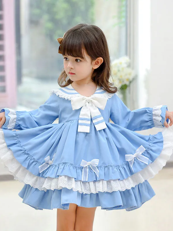 Children's Sweet Lolita Pink Ruffles Polyester Sailor Collar Long Sleeve Kids One Piece Dress
