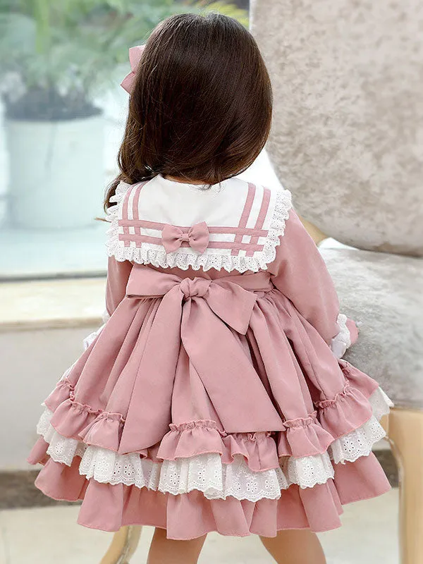 Children's Sweet Lolita Pink Ruffles Polyester Sailor Collar Long Sleeve Kids One Piece Dress