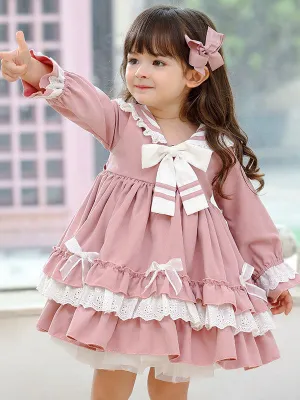 Children's Sweet Lolita Pink Ruffles Polyester Sailor Collar Long Sleeve Kids One Piece Dress