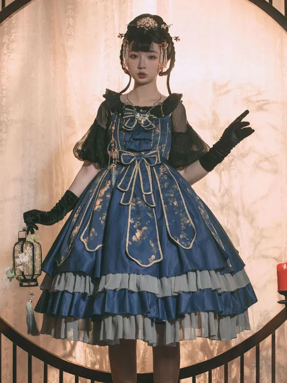 Chinese Style Lolita Dress Bows Sleeveless Polyester Chinese Style Floral Print Ecru White Chinese Style Lolita Adjustable Elastic