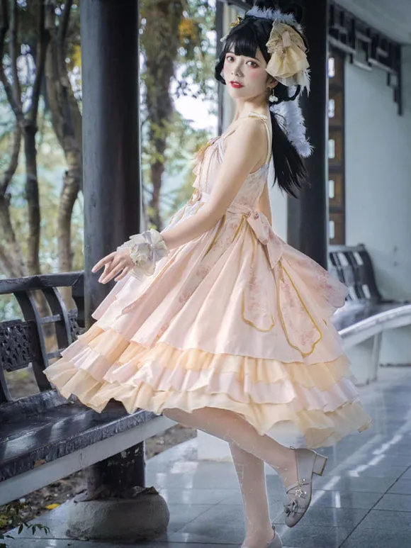 Chinese Style Lolita Dress Bows Sleeveless Polyester Chinese Style Floral Print Ecru White Chinese Style Lolita Adjustable Elastic